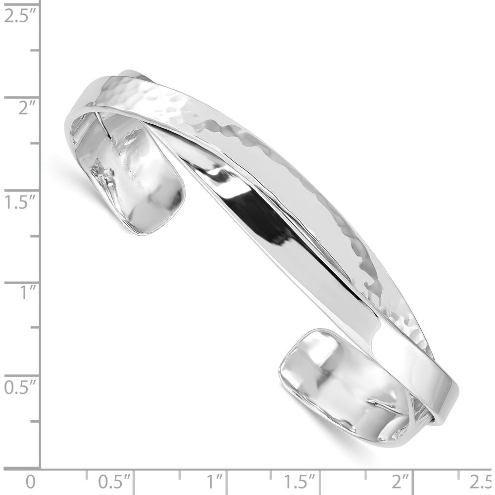 Sterling Silver 6mm Hammered Cuff Bracelet with Polished Rhodium Finish by Lumare Gioia