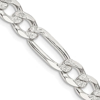 Sterling Silver 7.0mm Pavé Flat Figaro Chain Necklace - 20 inches, Polished Finish, Anti-Tarnish Coating by Lumare Gioia