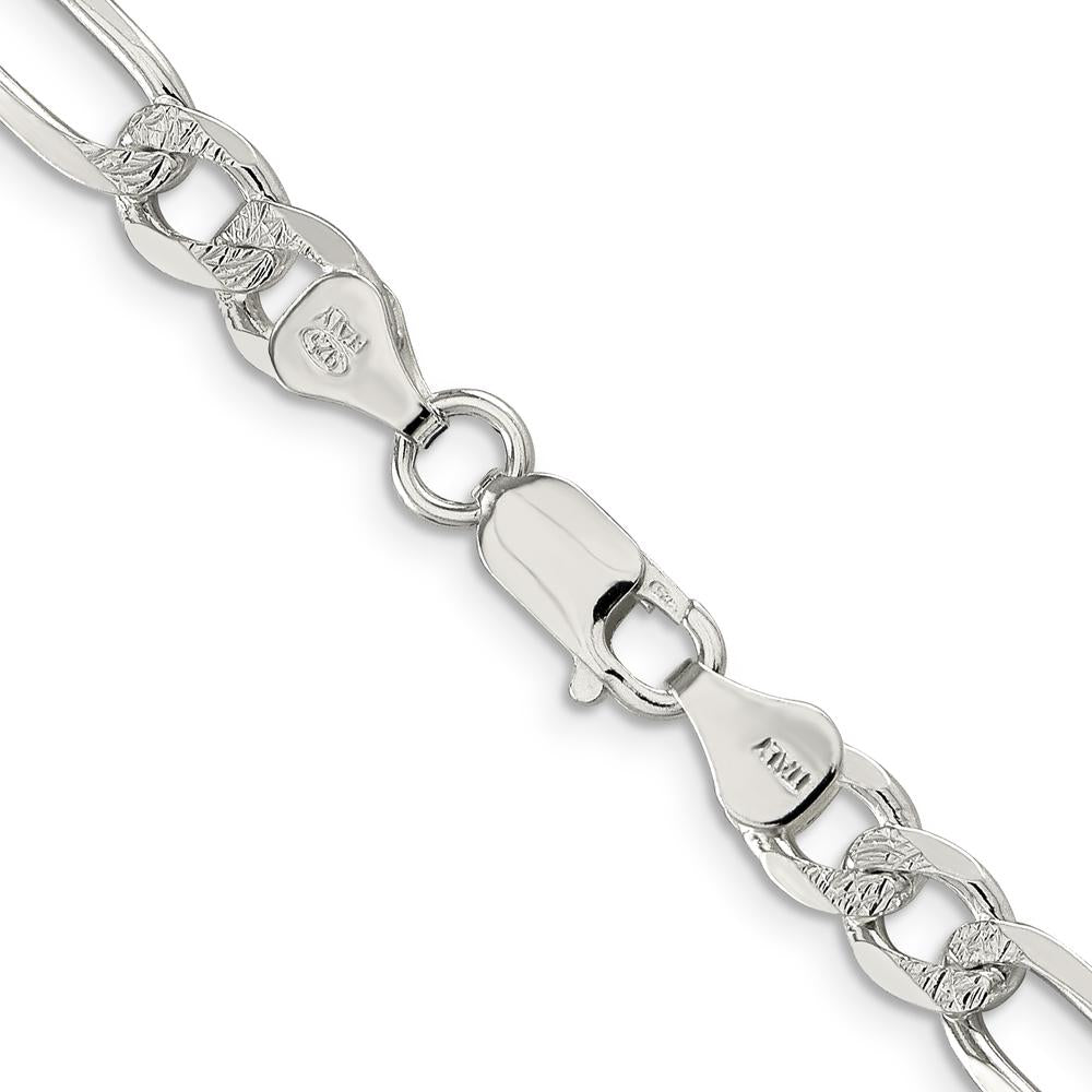 Sterling Silver 7.0mm Pavé Flat Figaro Chain Necklace - 20 inches, Polished Finish, Anti-Tarnish Coating by Lumare Gioia