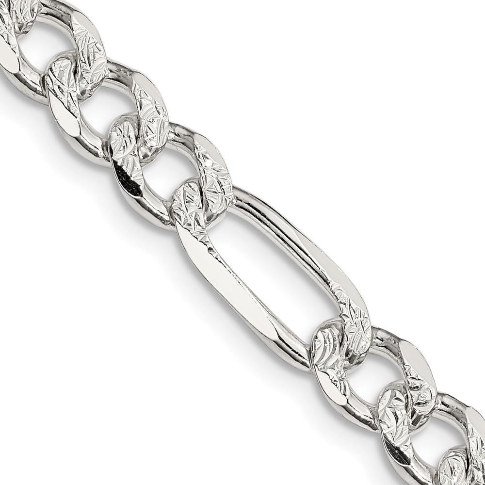 Sterling Silver 7.25mm Pavé Flat Figaro Chain - 30 Inches, Polished Finish by Lumare Gioia
