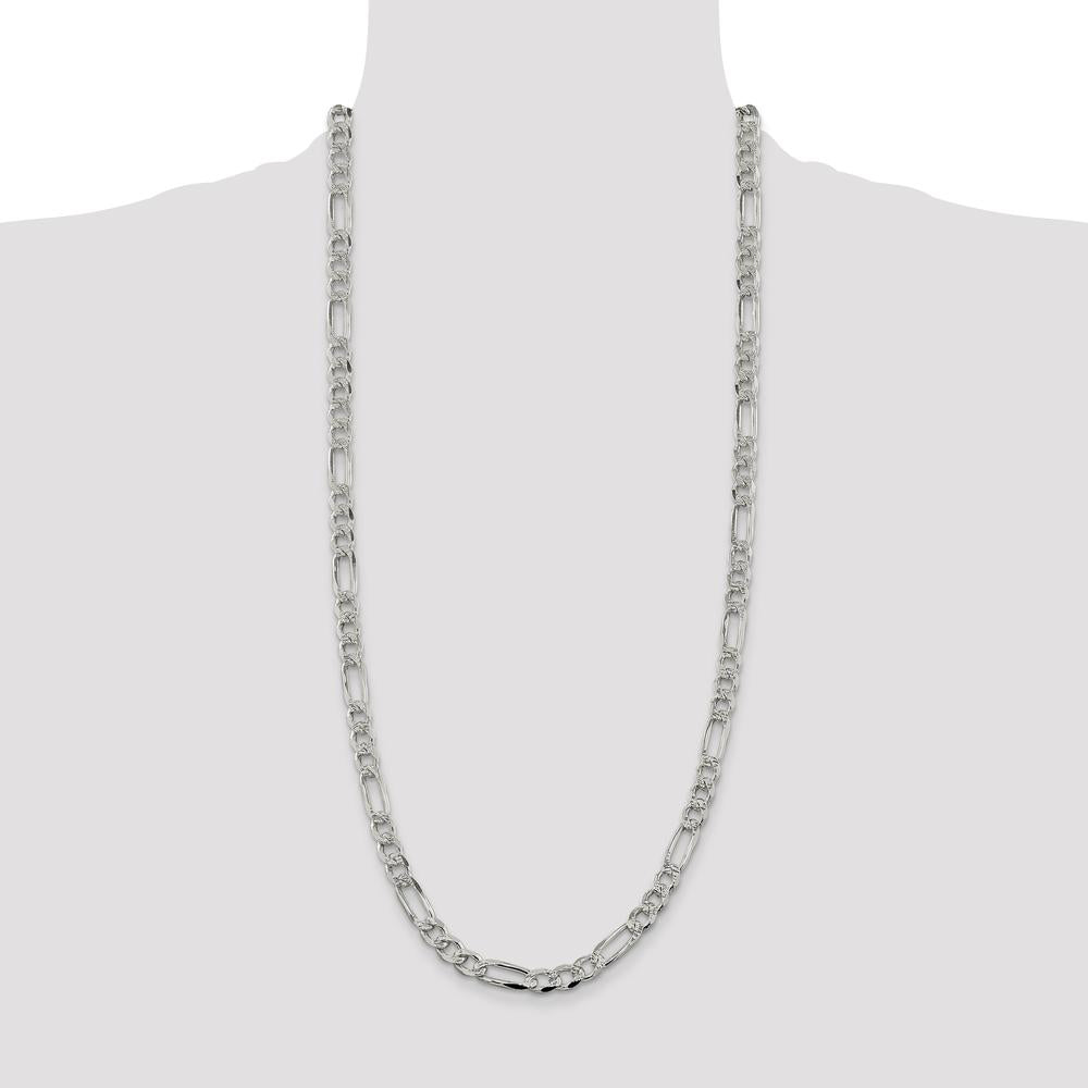 Sterling Silver 7.25mm Pavé Flat Figaro Chain - 30 Inches, Polished Finish by Lumare Gioia