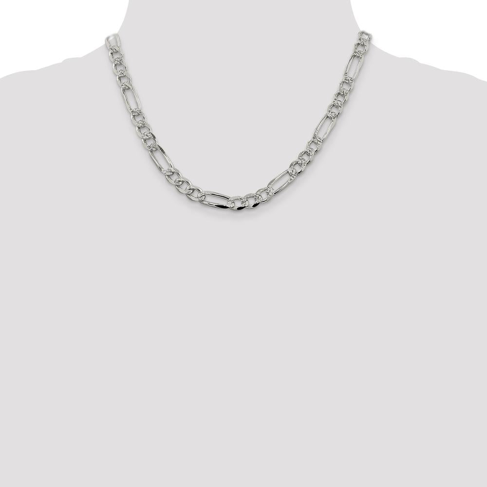 Sterling Silver 7.25mm Pavé Flat Figaro Chain Necklace - 18 Inches by Lumare Gioia