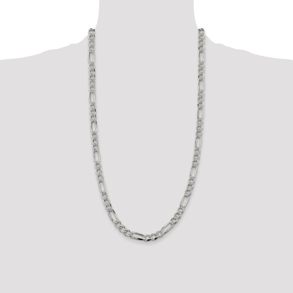 Sterling Silver 7.25mm Pave Flat Figaro Chain Necklace - 28 Inches by Lumare Gioia