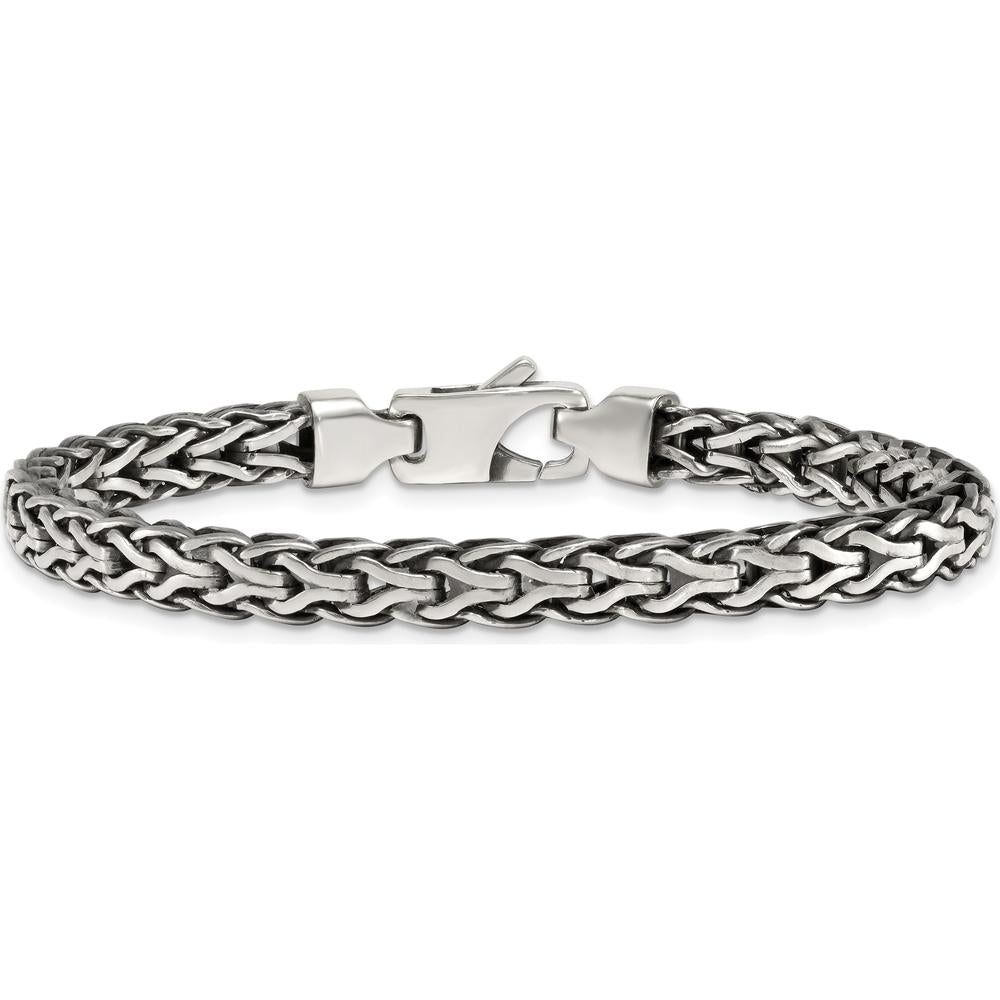 Sterling Silver 7.75" Antiqued Polished Spiga Chain Bracelet with Fancy Lobster Clasp by Lumare Gioia