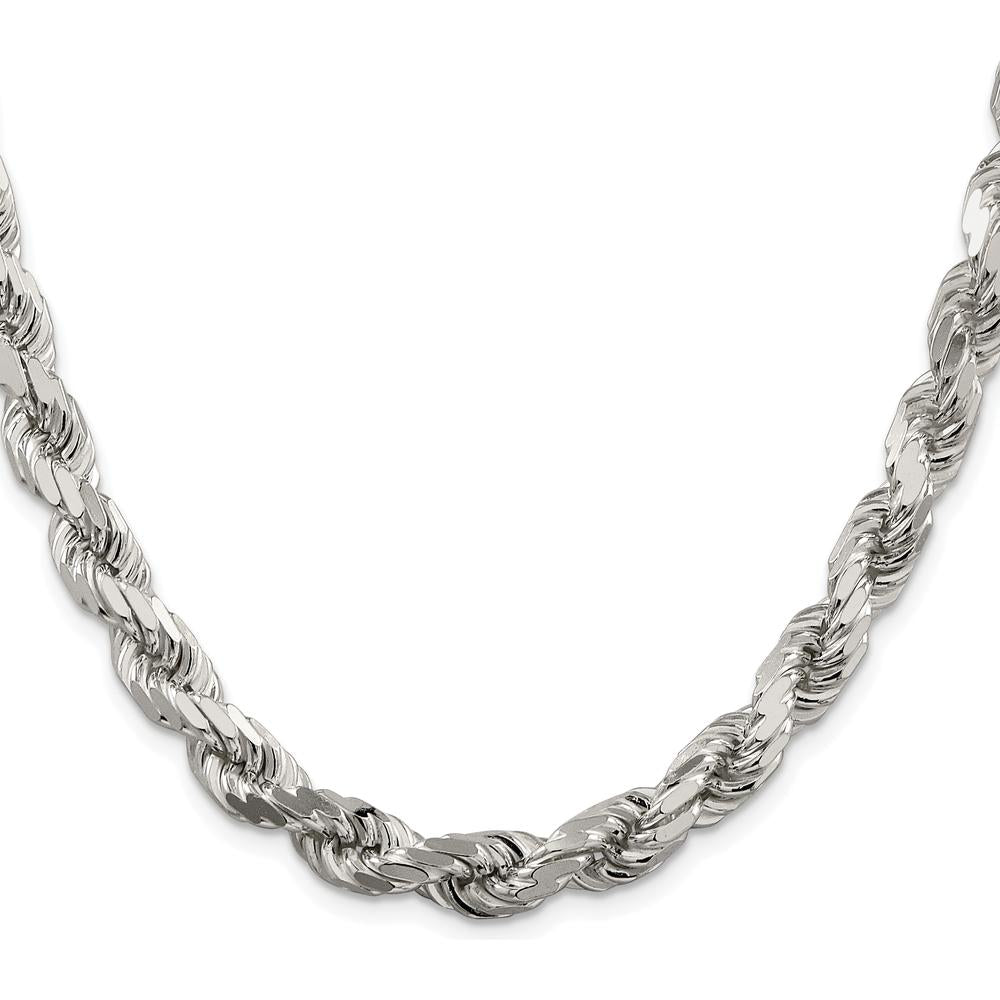 Sterling Silver 7.8mm Diamond-Cut Rope Chain Necklace - 30 inches, Rhodium-Plated Finish by Lumare Gioia