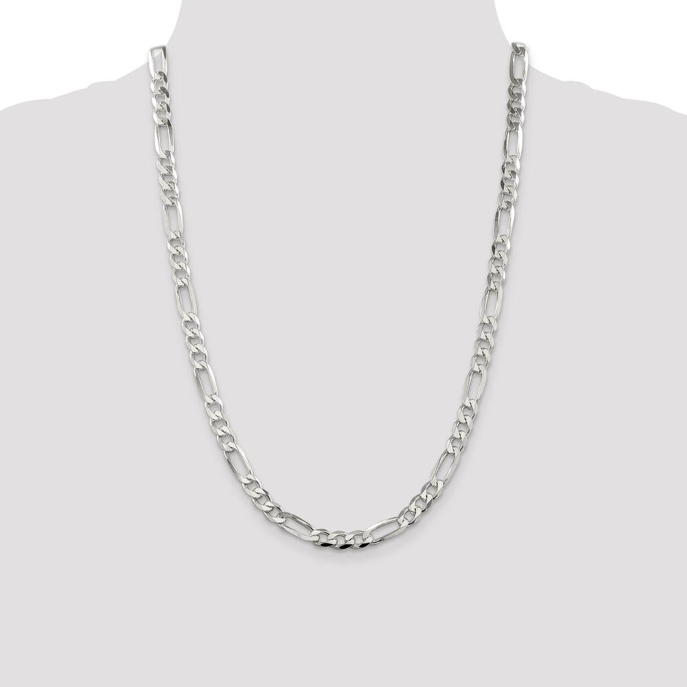 Sterling Silver 7mm Pavé Flat Figaro Chain Necklace - 24 Inches by Lumare Gioia