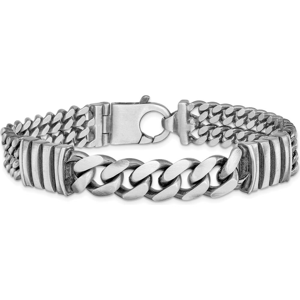 Sterling Silver 8.5" Curb Bracelet with Antiqued & Brushed Finish and Rhodium Accents by Lumare Gioia