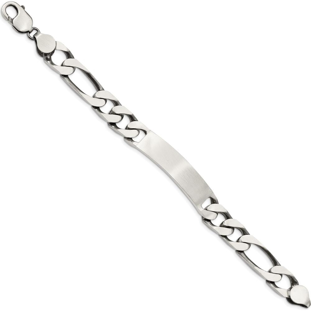 Sterling Silver 8.5 Inch Figaro Link Engraveable ID Bracelet - Antiqued Finish by Lumare Gioia