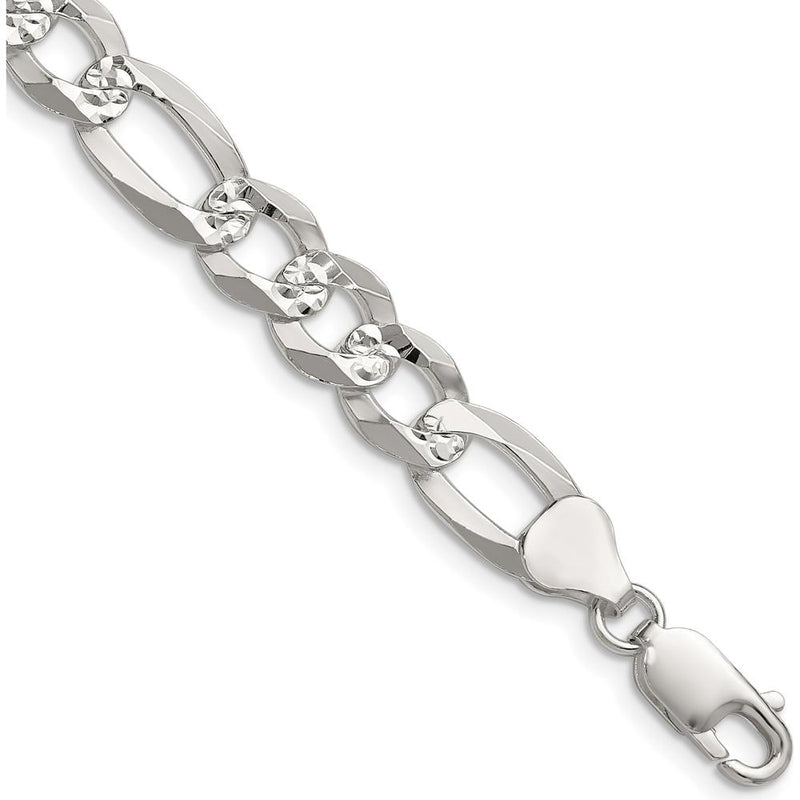 Sterling Silver 8.5mm Flat Diamond-Cut Pave Figaro Chain Necklace - 18 Inches by Lumare Gioia