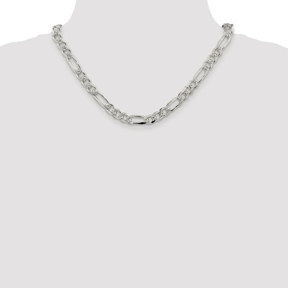 Sterling Silver 8mm Rhodium-Plated Flat Figaro Chain Necklace with Pavé Texture - 18 inches by Lumare Gioia