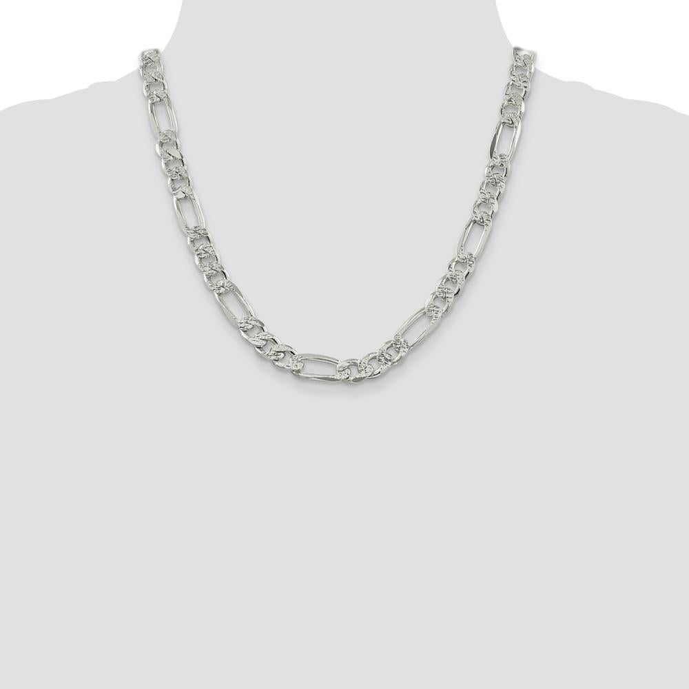 Sterling Silver 9.5mm Pavé Flat Figaro Chain Necklace - 20 Inches with Lobster Clasp by Lumare Gioia