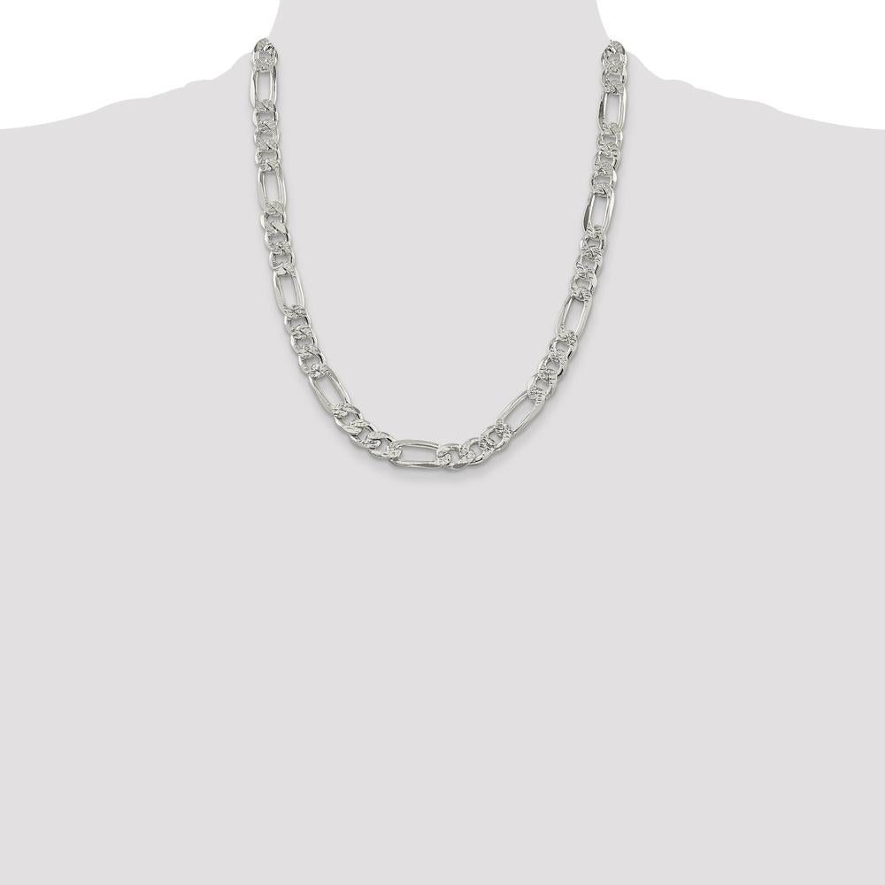 Sterling Silver 9.5mm Pavé Flat Figaro Chain Necklace - 22 Inches Length by Lumare Gioia