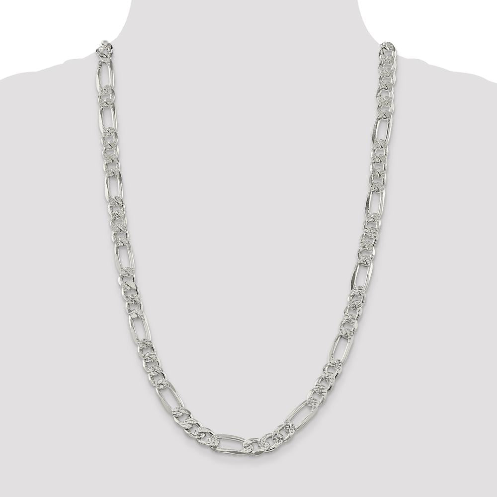 Sterling Silver 9.5mm Pavé Flat Figaro Chain Necklace - 26 Inches by Lumare Gioia