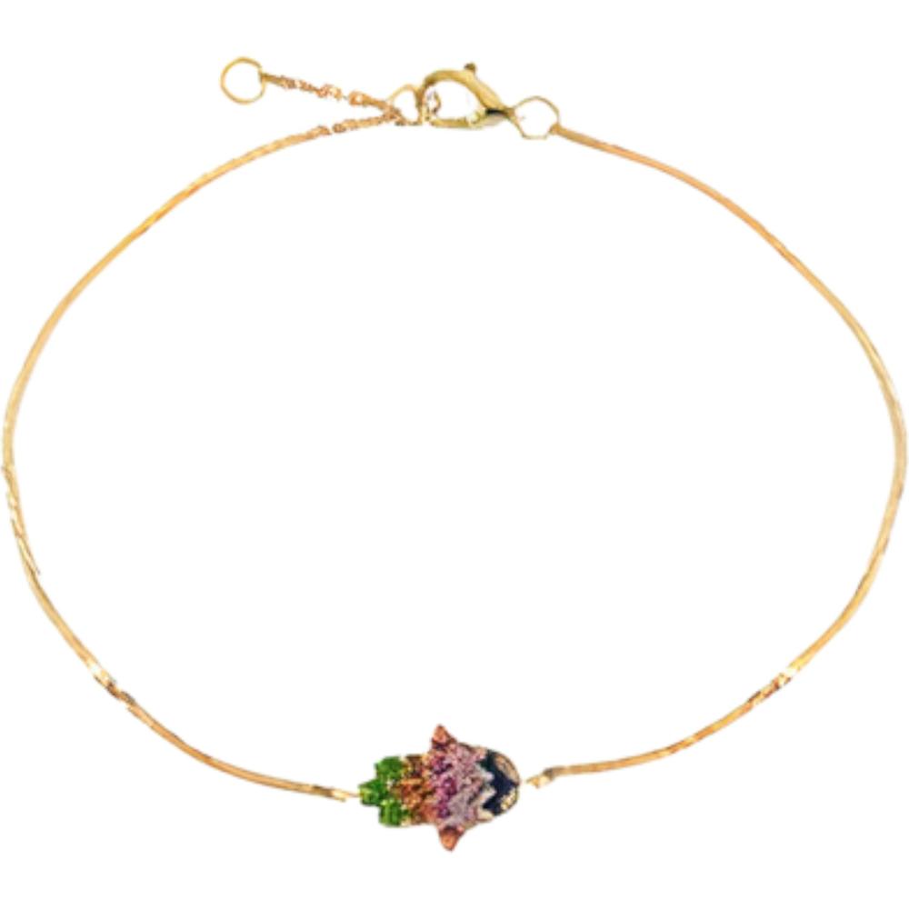 Sterling Silver and 14K Gold Plated Hamsa Bracelet with 0.28 Carat Total Multicolor Sapphire Accents