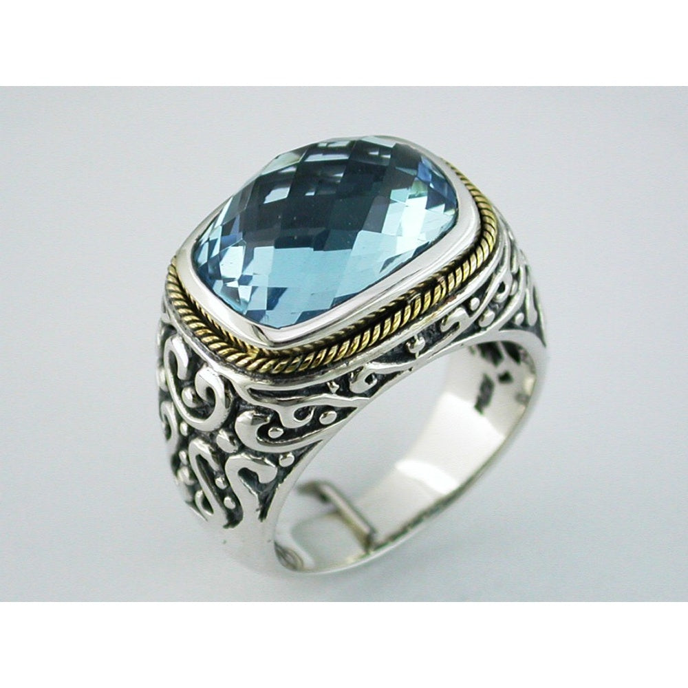 Sterling Silver and Gold Accent 9.00 Carat Cushion Cut Checkered Board Blue Topaz Scrollwork Ring - Royal Jewelry