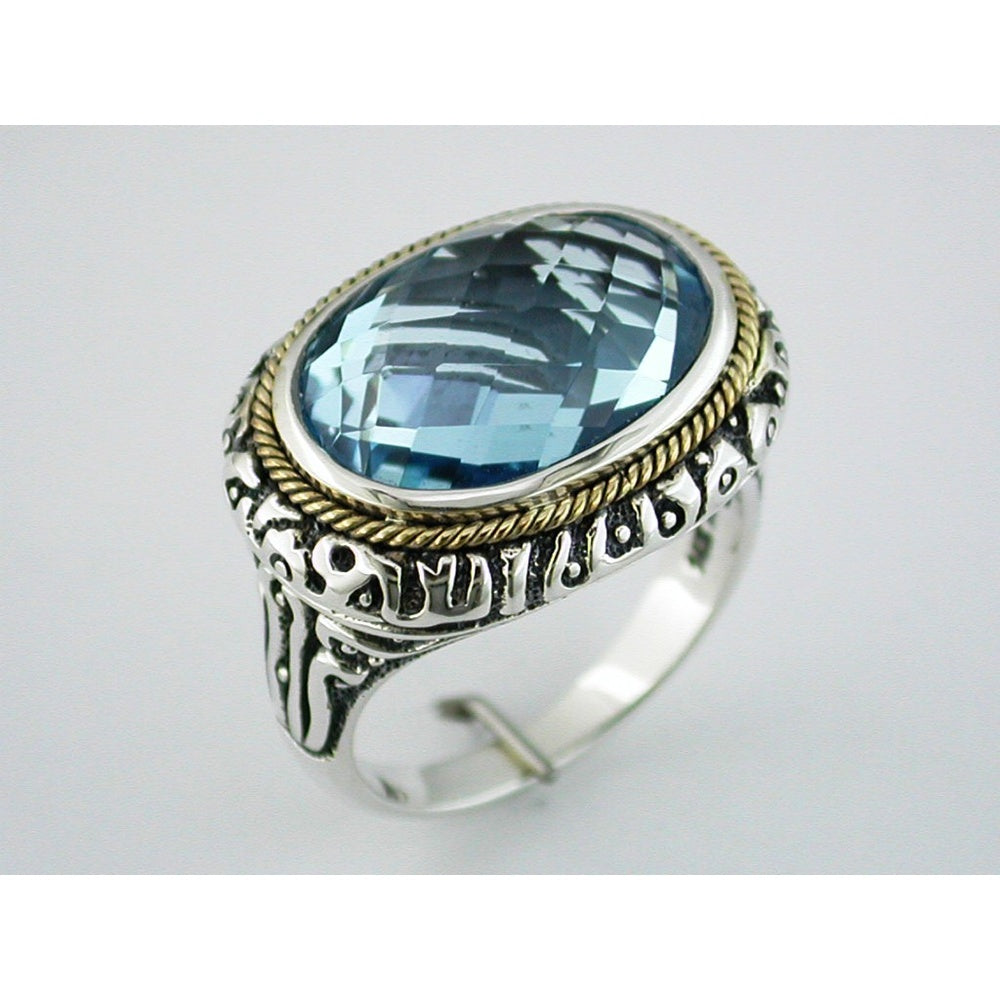 Sterling Silver and Gold Accent Adjustable Ring with 12.00 Carat Checkered Board Oval Blue Topaz - Royal Jewelry