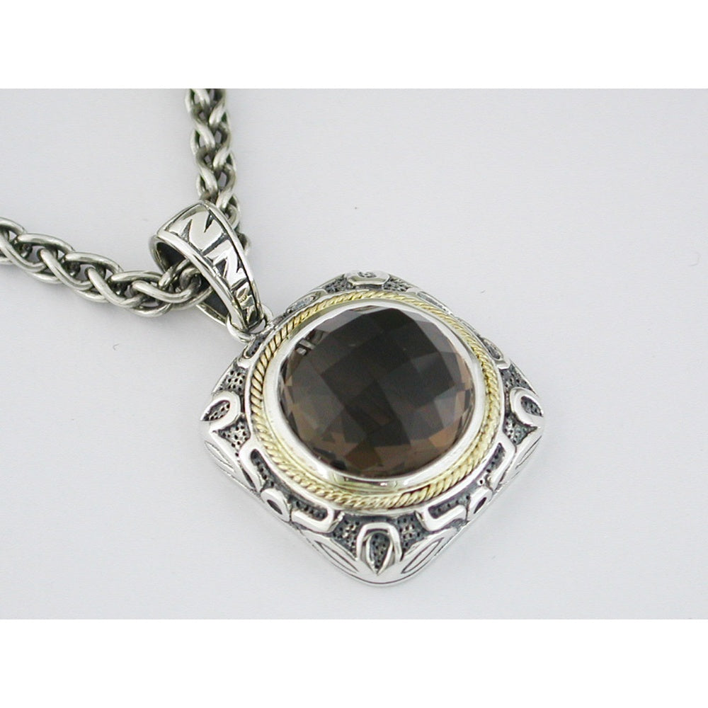 Sterling Silver and Gold Accent Milgrain Pendant with 10.00 Carat Faceted Round Smoky Quartz on Cable Chain - Royal Jewelry
