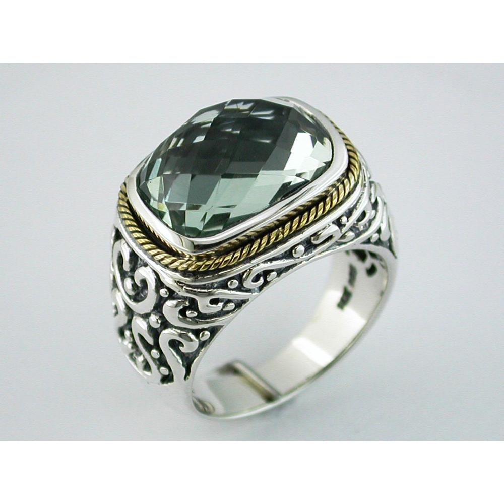 Sterling Silver and Gold Accent Vintage Ring with Checkered Board Cut Green Amethyst - 6.70 Carats - Royal Jewelry