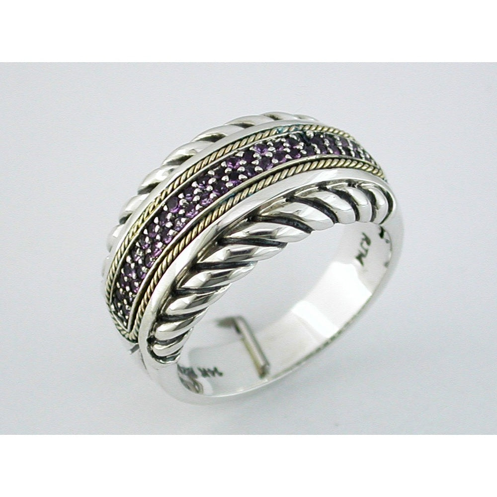 Sterling Silver and Gold Cable Twist Ring with Pavé-Set Amethysts - 0.25 Carat Total Gem Weight - Royal Jewelry