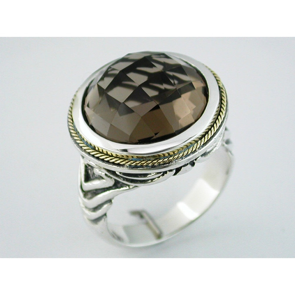 Sterling Silver and Gold Rope-Accent Bezel Set Round Smoky Quartz Ring - 14.00 Carat Total Gem Weight - Royal Jewelry