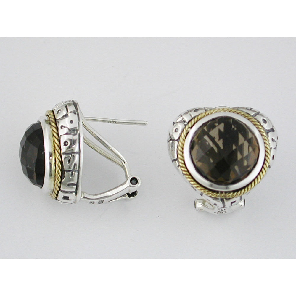 Sterling Silver and Gold Rope-Trimmed Stud Earrings with Round Faceted Smoky Quartz - 8.00 Carat Total Gem Weight - Royal Jewelry