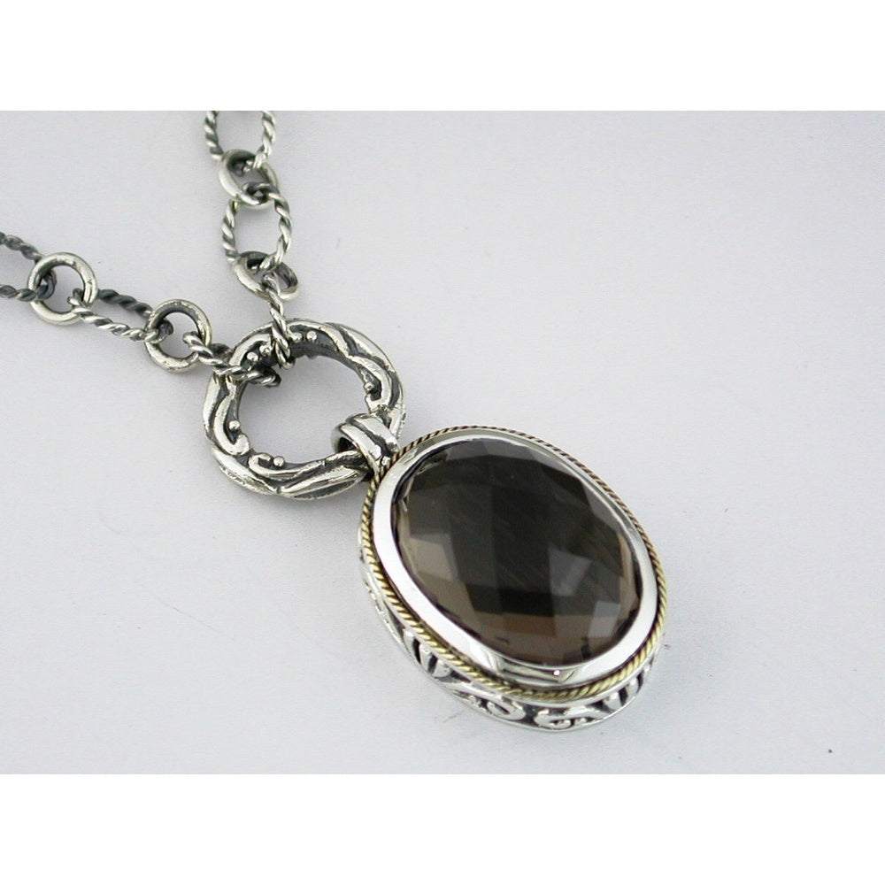 Sterling Silver and Gold-Tone Pendant Necklace with Oval Rose-Cut Smoky Quartz - 13.20 Carat Total Gem Weight - Royal Jewelry