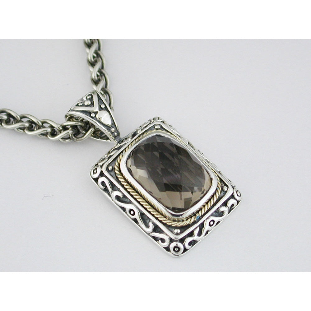 Sterling Silver and Gold-Tone Scrollwork Pendant with Checkered Board Cut Smoky Quartz - 7.30 Carat Total Gem Weight - Royal Jewelry