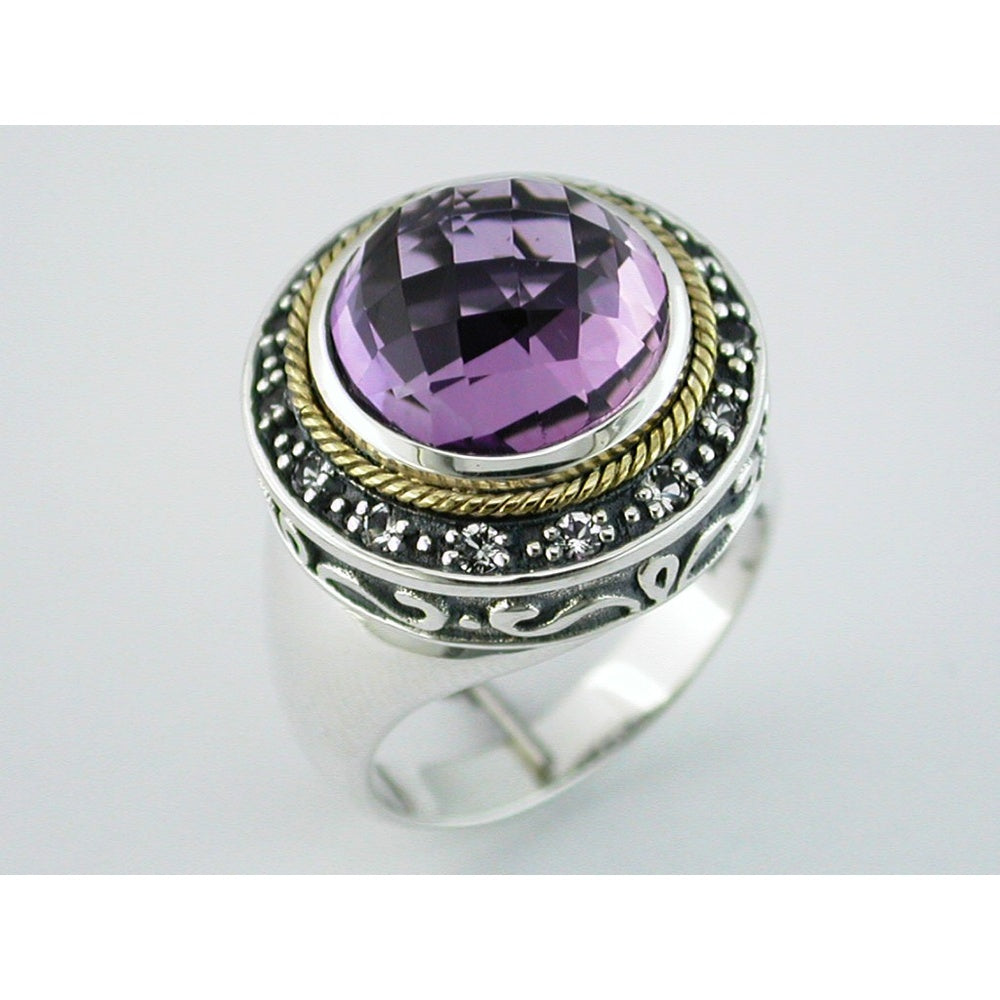 Sterling Silver and Gold Vintage Halo Ring with 6.70 Carat Round Faceted Amethyst and 0.25 Carat Semi-Precious Accent Stones - Royal Jewelry