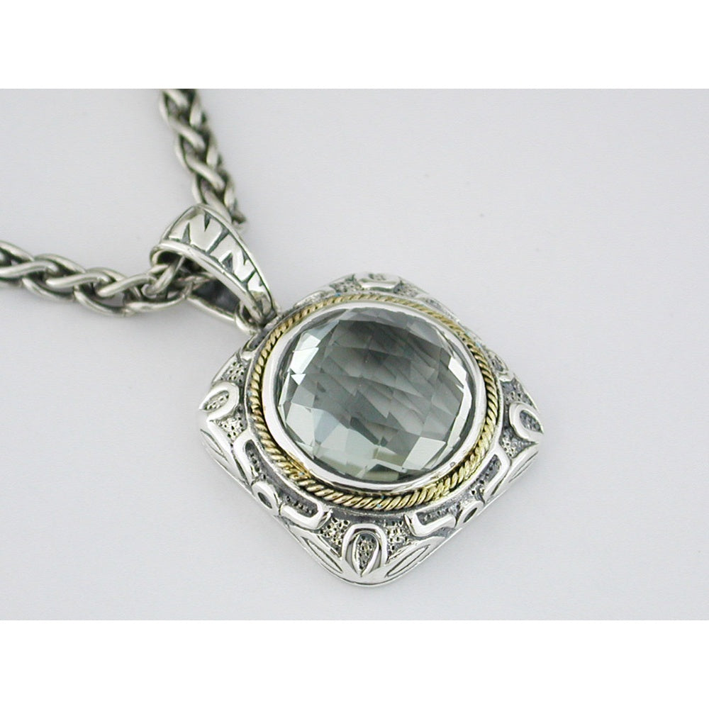 Sterling Silver and Yellow Gold Accent Pendant Necklace with Round Green Amethyst - 9.60 Carat Total Gem Weight - Royal Jewelry