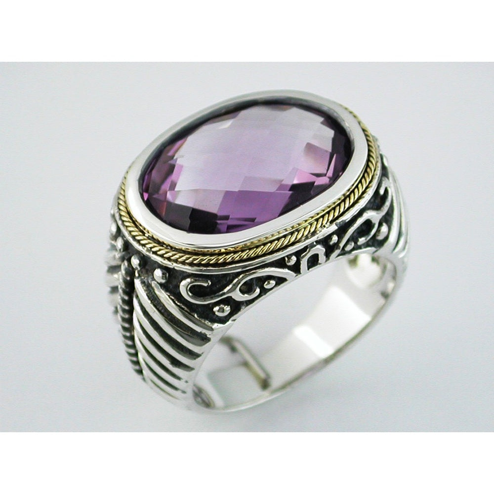 Sterling Silver and Yellow Gold Accent Ring with Checkered Board Cut Amethyst - 8.25 Carat Gemstone Weight - Royal Jewelry