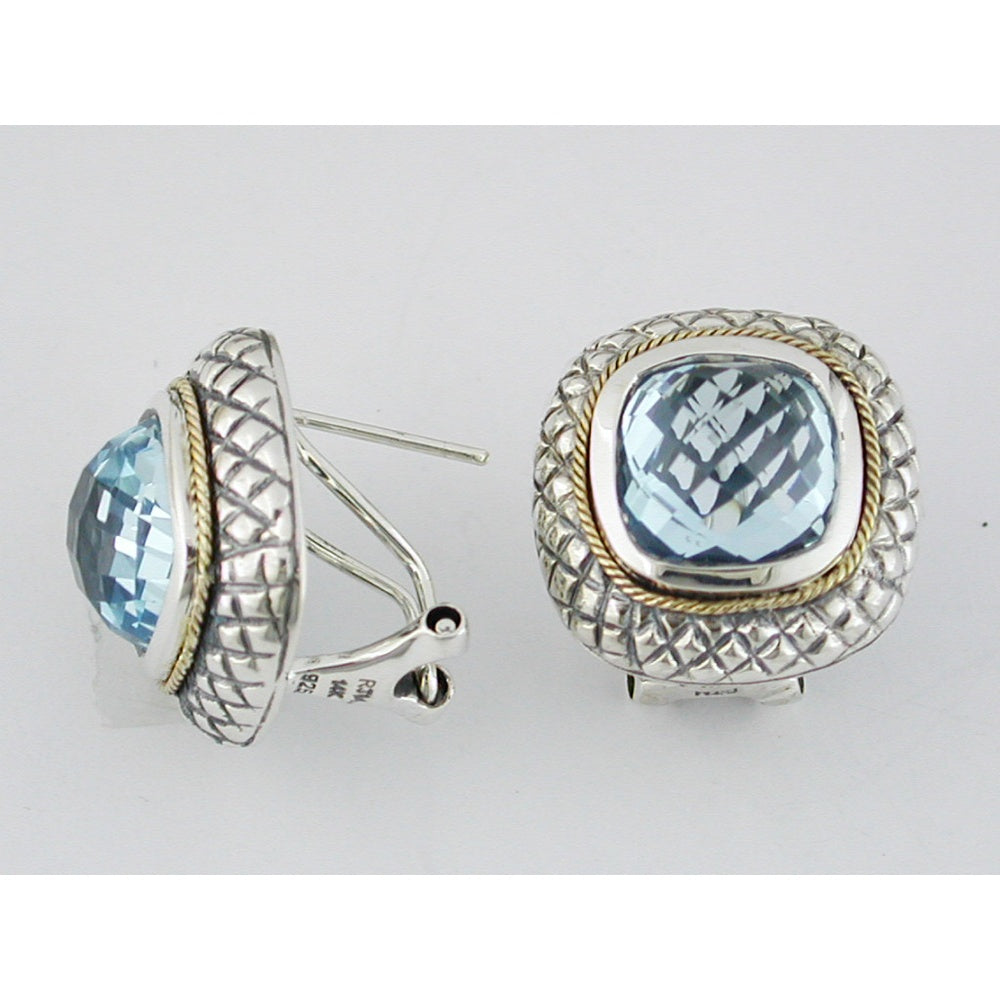 Sterling Silver and Yellow Gold Accent Stud Earrings with Bezel Set Cushion Cut Blue Topaz - 11.00 Carat Total Gem Weight - Royal Jewelry