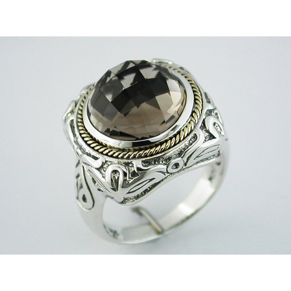 Sterling Silver and Yellow Gold Two-Tone Halo Ring with Round Faceted Smoky Quartz - 7.00 Carat Total Gem Weight - Royal Jewelry
