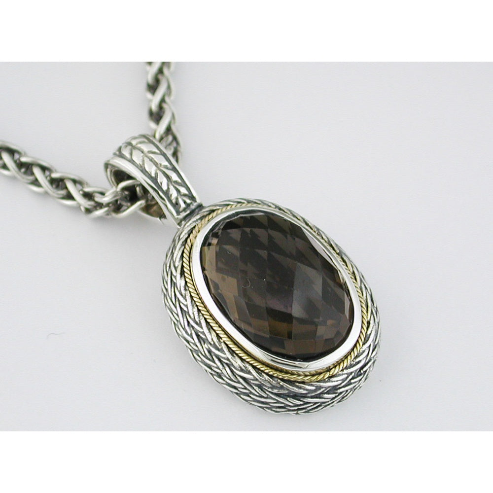 Sterling Silver and Yellow Gold Two-Tone Oval Smoky Quartz Pendant with Woven Rope Motif - 12.70 Carat Total Gem Weight - Royal Jewelry