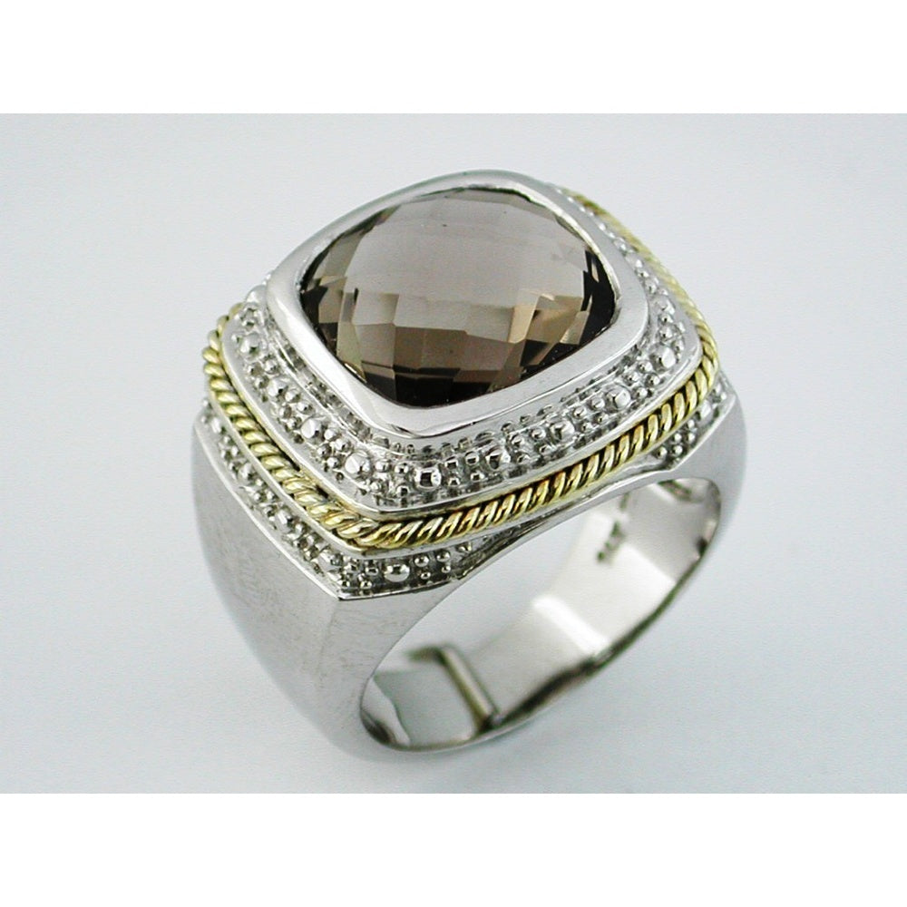 Sterling Silver and Yellow Gold Two-Tone Statement Ring with Checkered Board Cut Smoky Quartz - 6.40 Carat Total Gem Weight - Royal Jewelry