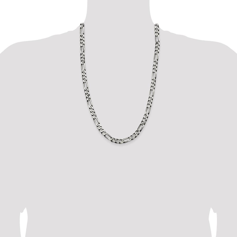 Sterling Silver Antiqued 7.5mm Figaro Chain Necklace - 26 Inches by Lumare Gioia