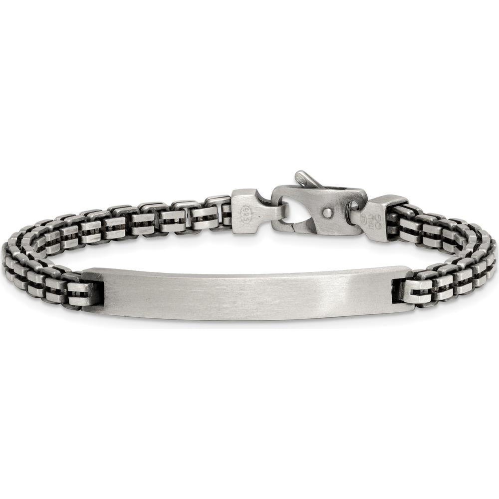 Sterling Silver Antiqued Brushed Fancy Box Link ID Bracelet with Rectangle Plate - 8" Length by Lumare Gioia