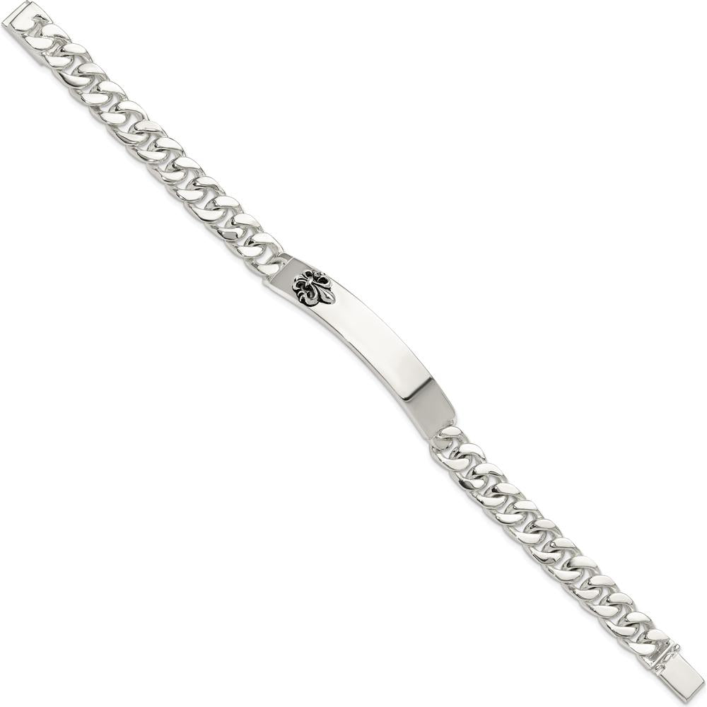 Sterling Silver Antiqued Fleur-de-lis ID Men's Bracelet with Black Enamel Accents - 8.5 in Length by Lumare Gioia