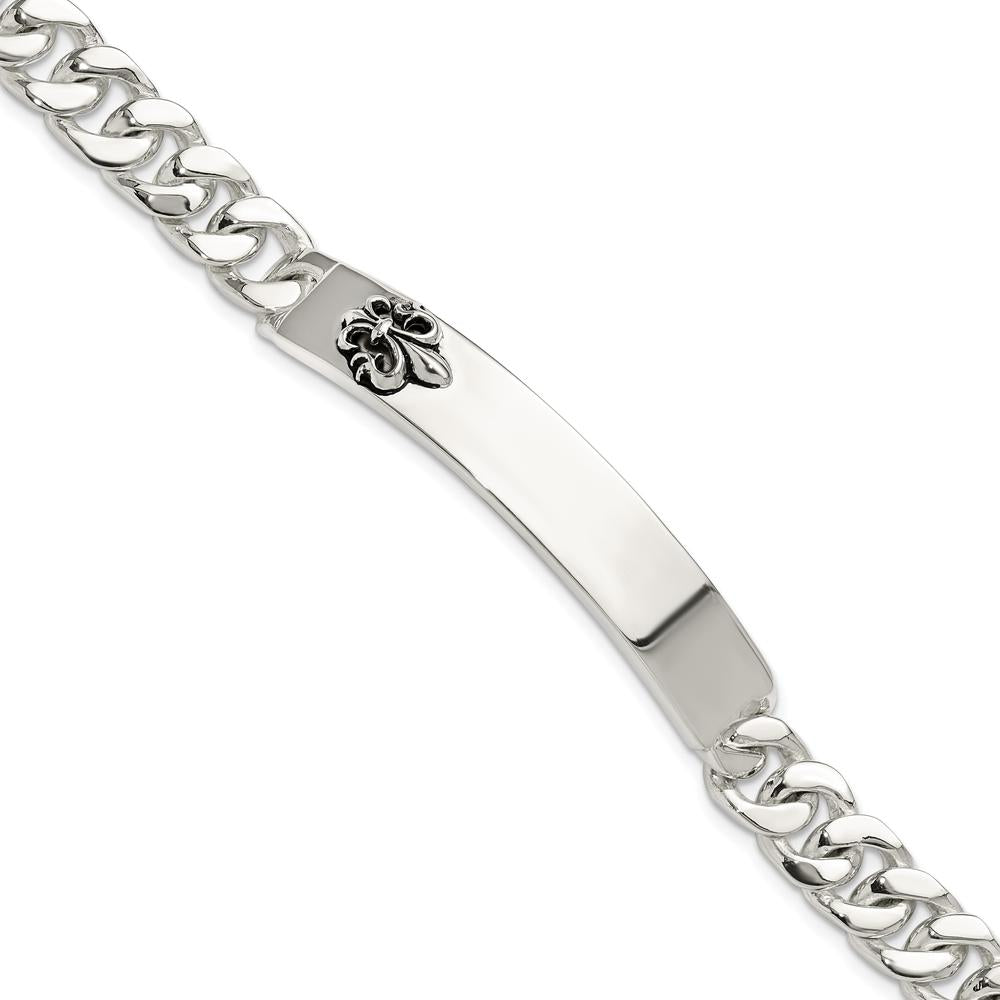 Sterling Silver Antiqued Fleur-de-lis ID Men's Bracelet with Black Enamel Accents - 8.5 in Length by Lumare Gioia