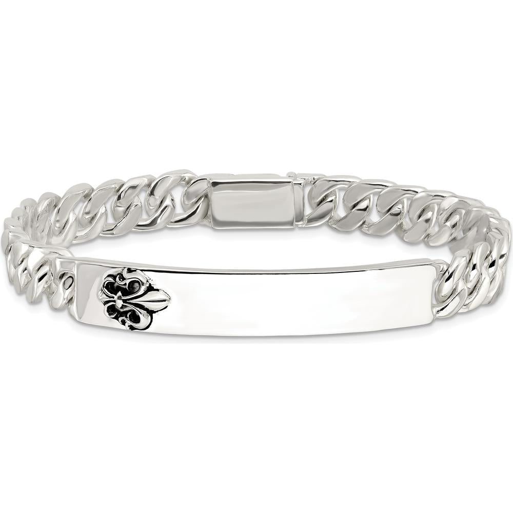 Sterling Silver Antiqued Fleur-de-lis ID Men's Bracelet with Black Enamel Accents - 8.5 in Length by Lumare Gioia