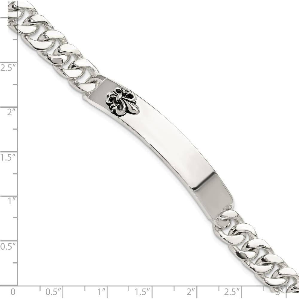 Sterling Silver Antiqued Fleur-de-lis ID Men's Bracelet with Black Enamel Accents - 8.5 in Length by Lumare Gioia