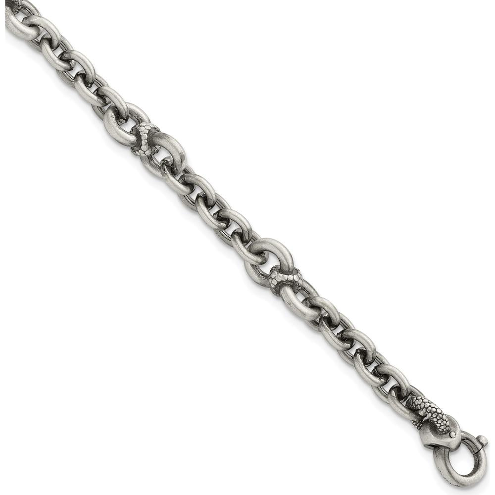 Sterling Silver Black Ruthenium-Plated Brushed and Textured Fancy Cable Link Men's Bracelet - 8.5" by Lumare Gioia