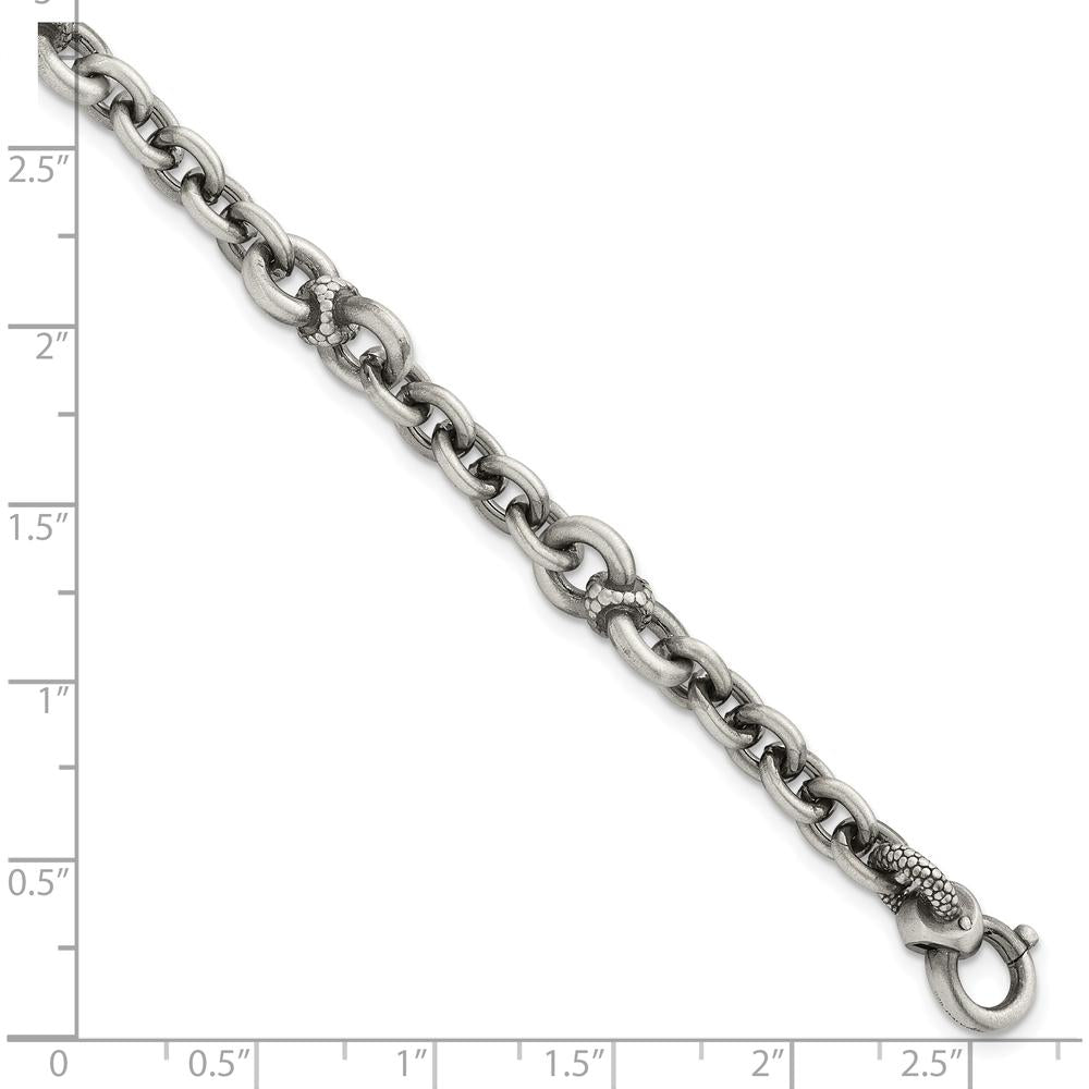 Sterling Silver Black Ruthenium-Plated Brushed and Textured Fancy Cable Link Men's Bracelet - 8.5" by Lumare Gioia