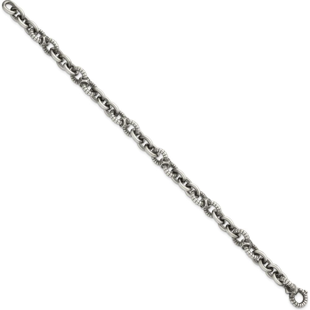 Sterling Silver Black Ruthenium-Plated Brushed and Textured Fancy Link Men's 8.25" Bracelet by Lumare Gioia