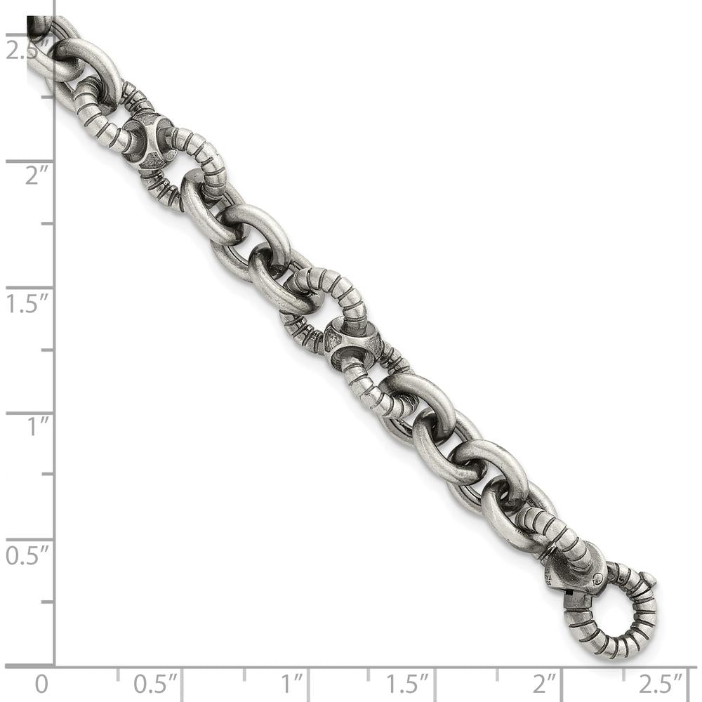 Sterling Silver Black Ruthenium-Plated Brushed and Textured Fancy Link Men's 8.25" Bracelet by Lumare Gioia