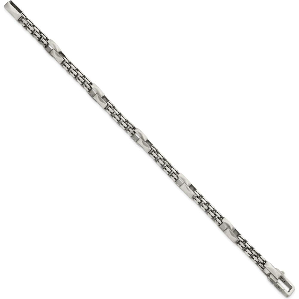 Sterling Silver Black Ruthenium-Plated Brushed Fancy Box Chain Men's 8.5" Bracelet by Lumare Gioia