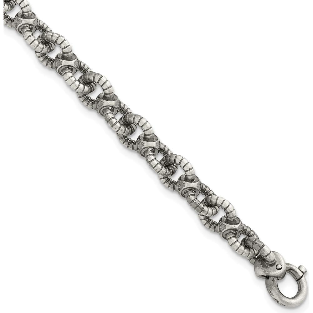 Sterling Silver Black Ruthenium-Plated Brushed Fancy Textured Cable Link Men's 8.5" Bracelet by Lumare Gioia