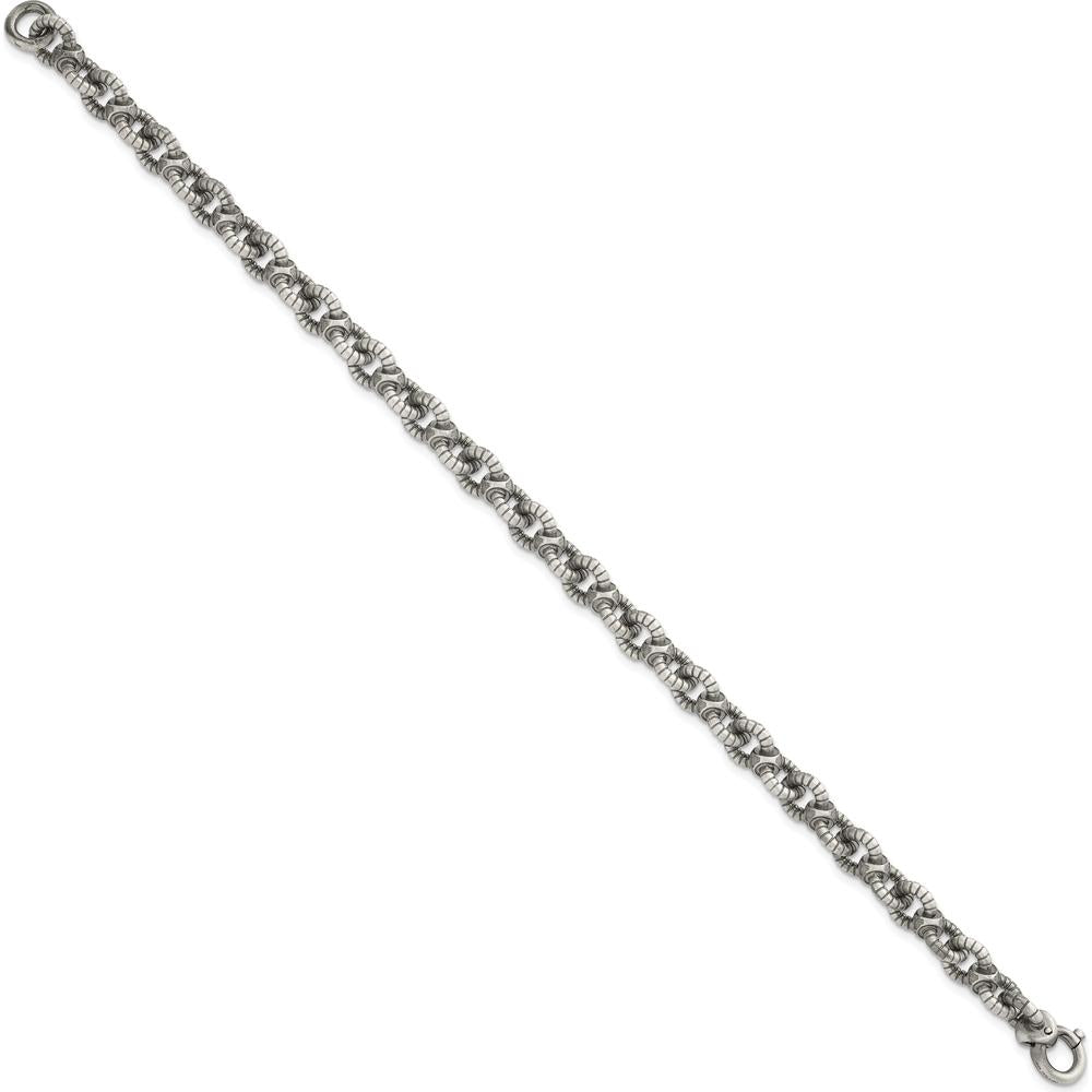 Sterling Silver Black Ruthenium-Plated Brushed Fancy Textured Cable Link Men's 8.5" Bracelet by Lumare Gioia