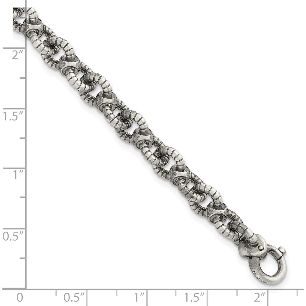 Sterling Silver Black Ruthenium-Plated Brushed Fancy Textured Cable Link Men's 8.5" Bracelet by Lumare Gioia