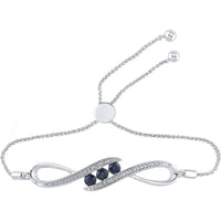 Sterling Silver Bolo Bracelet with 1/2 Carat Round Lab Grown Blue Sapphires and Pave-Set Diamonds