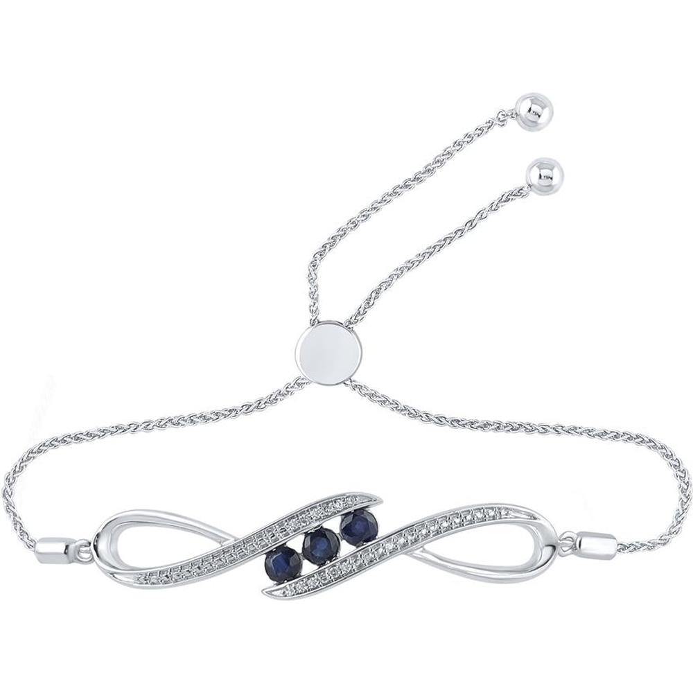 Sterling Silver Bolo Bracelet with 1/2 Carat Round Lab Grown Blue Sapphires and Pave-Set Diamonds
